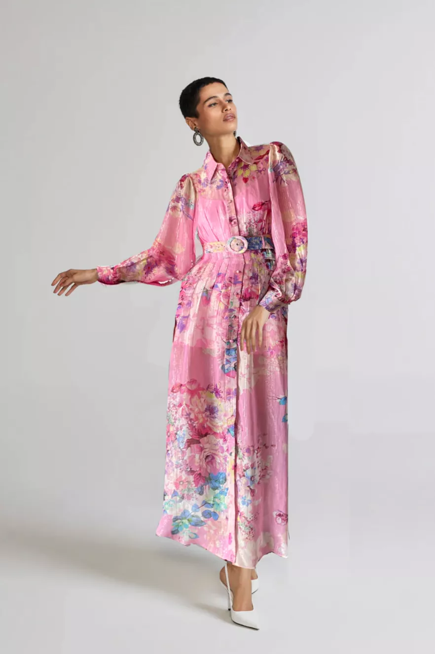 Hemant and Nandita - April Long Shirt Dress - Pink Floral