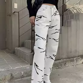 High Waisted Zebra Printed Denim Jean