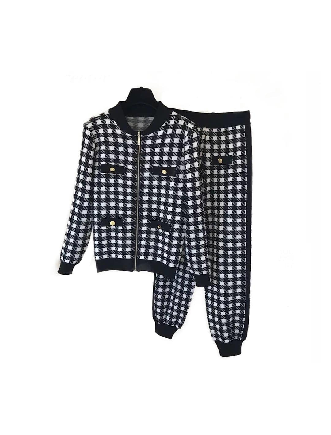 Houndstooth Long Sleeve Zipper Front Top and Pants Two Piece Loungewear Knit Set