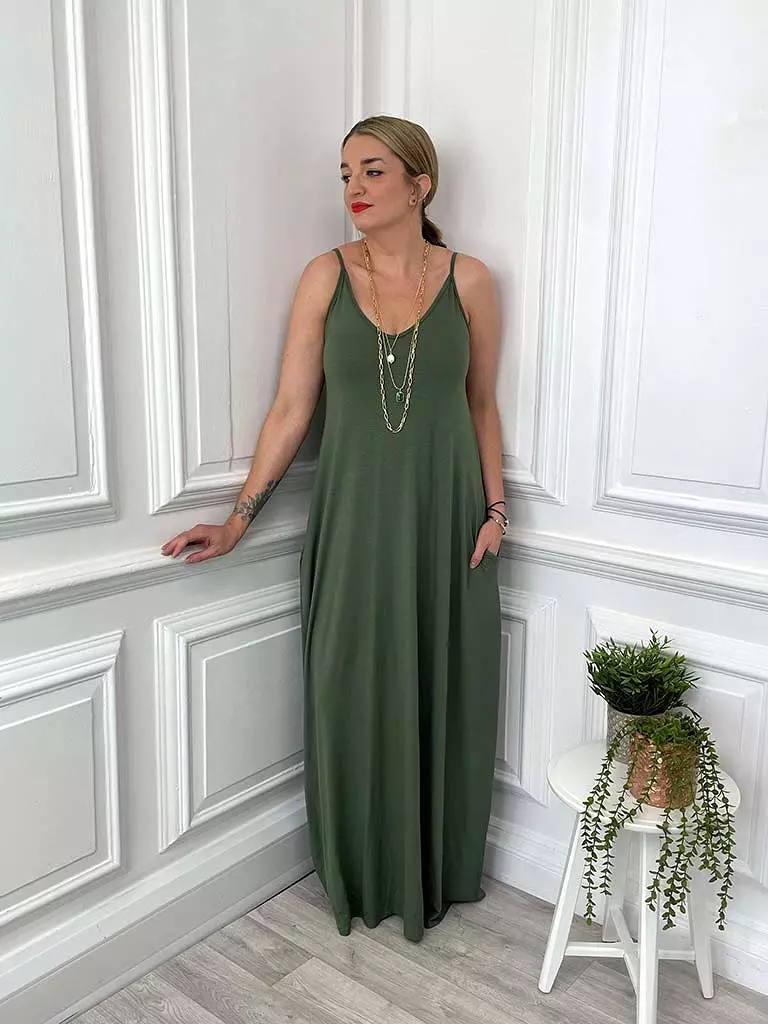 Jersey Spaghetti Strap Maxi Dress - Khaki