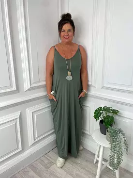 Jersey Spaghetti Strap Maxi Dress - Khaki