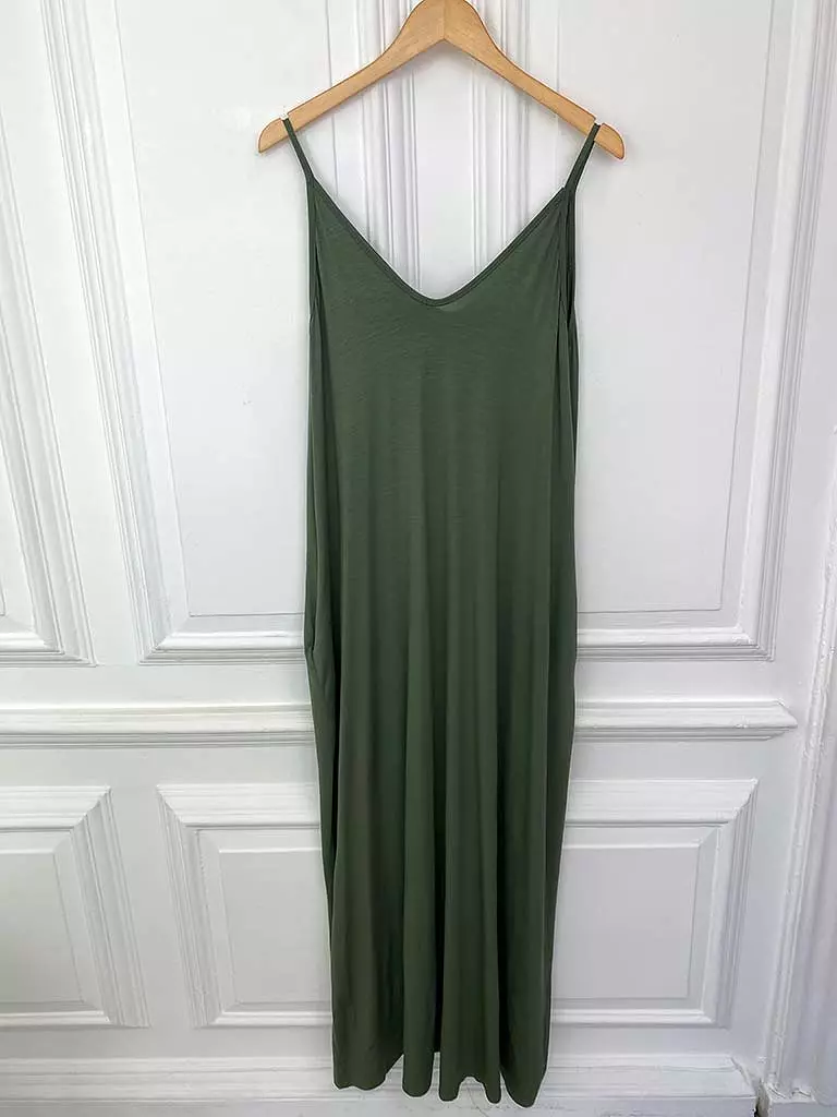 Jersey Spaghetti Strap Maxi Dress - Khaki