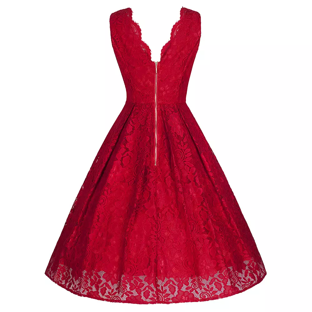 Jolie Moi Vintage Red Embroidered Lace 50s Swing Occasion Dress