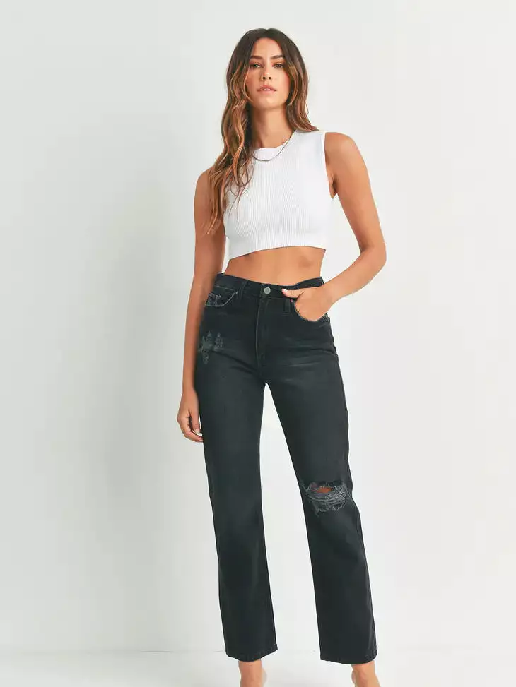 Just Black Denim High Rise Long Straight Jean - Washed Black