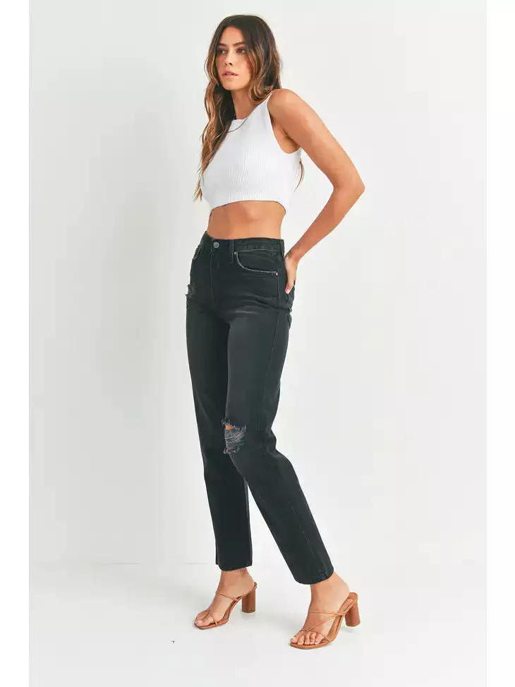 Just Black Denim High Rise Long Straight Jean - Washed Black