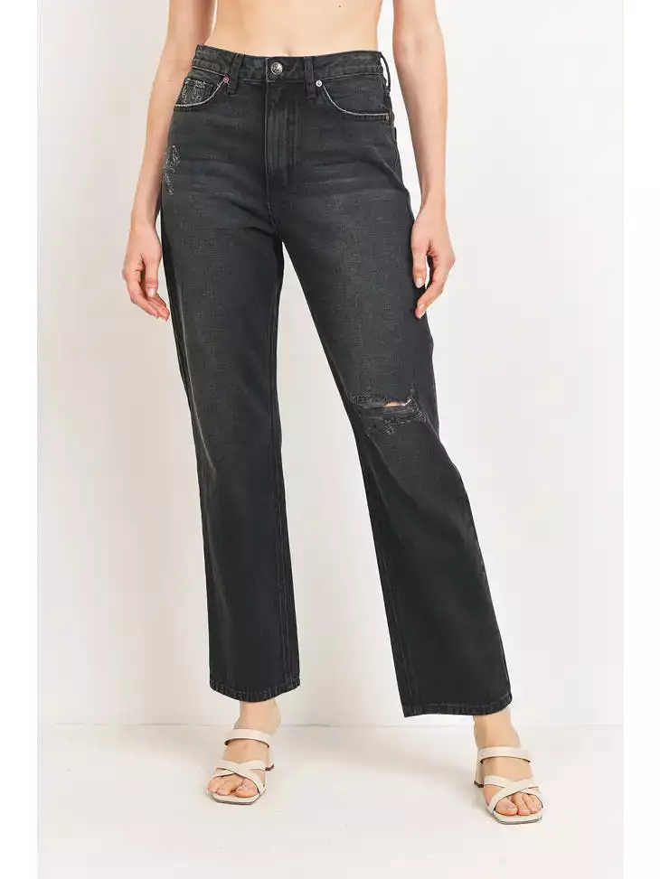 Just Black Denim High Rise Long Straight Jean - Washed Black