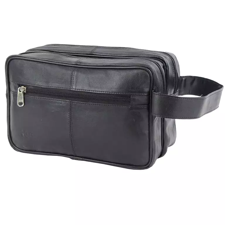 Mens Toiletry/ Travel Wash Bag Soft Leather Black With Wrist Strap