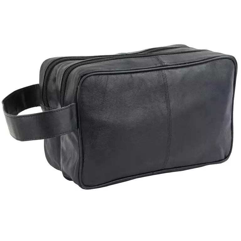 Mens Toiletry/ Travel Wash Bag Soft Leather Black With Wrist Strap