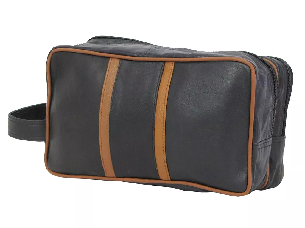 Mens Toiletry/ Travel Wash Bag Soft Leather With Wrist Strap