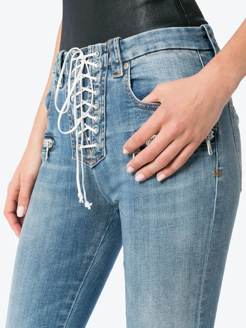 Mid Rise Lace-Up Cropped Kick Flare Jeans