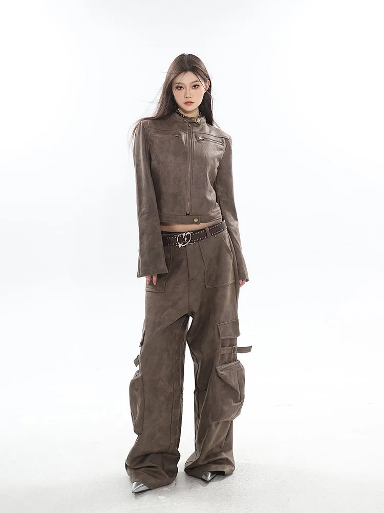 Natasha Washed Leather Zip Up Multi-Zipper Long Sleeve Jacket + High Waist Straight Leg Multi Pocket Cargo Long Baggy Pants Matc