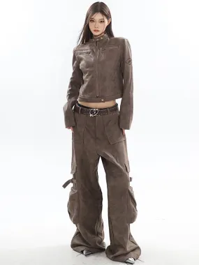 Natasha Washed Leather Zip Up Multi-Zipper Long Sleeve Jacket + High Waist Straight Leg Multi Pocket Cargo Long Baggy Pants Matc