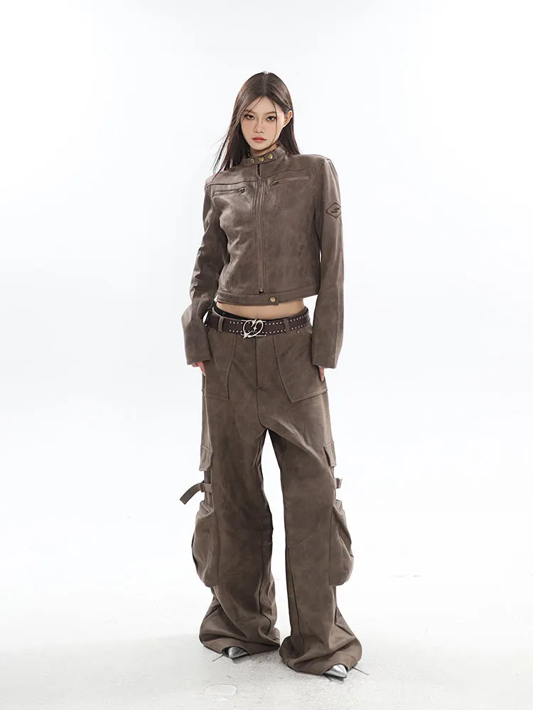 Natasha Washed Leather Zip Up Multi-Zipper Long Sleeve Jacket + High Waist Straight Leg Multi Pocket Cargo Long Baggy Pants Matc