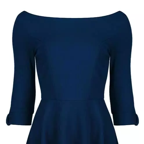 Navy Blue 3/4 Sleeve Bardot Vintage Fit And Flare Midi Dress