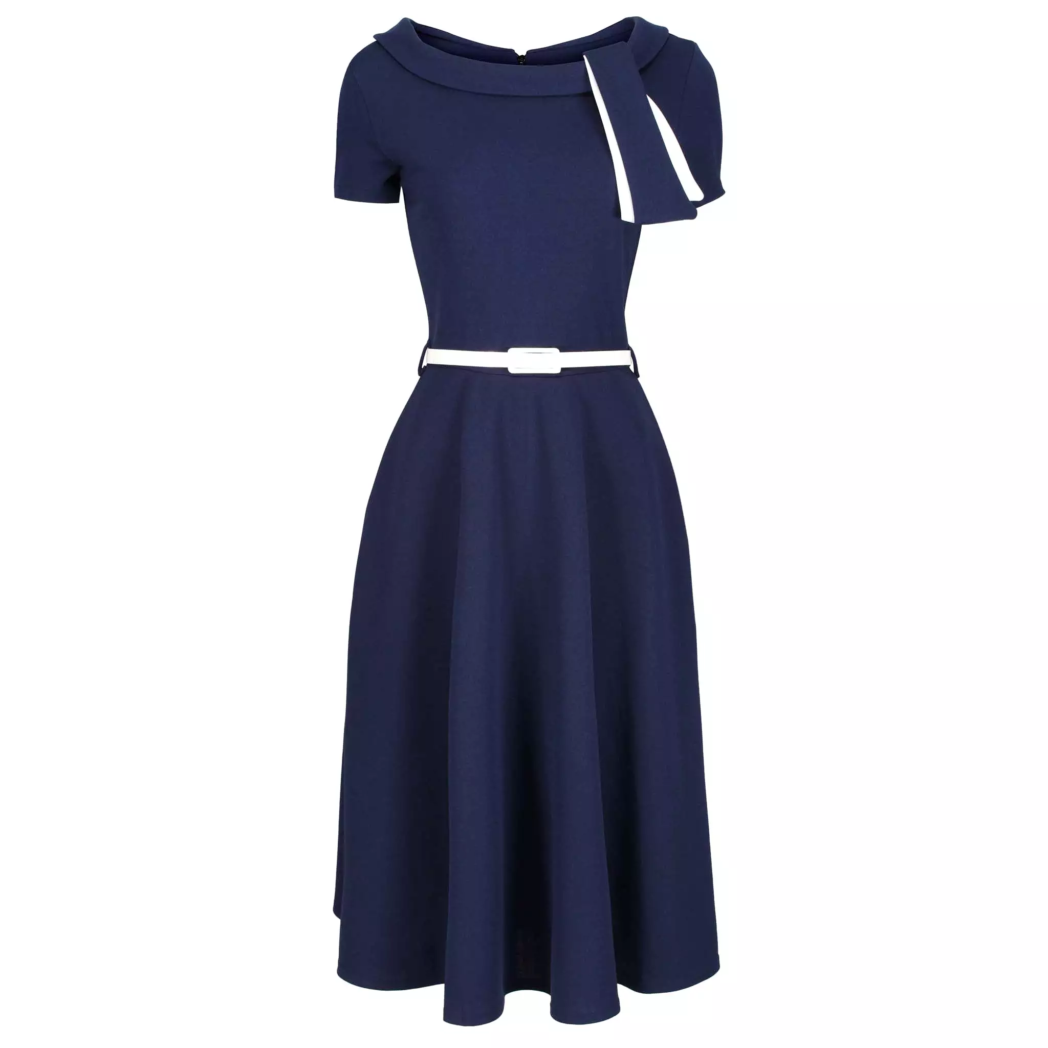 Navy Blue White Tie Short Sleeve Vintage Swing Dress