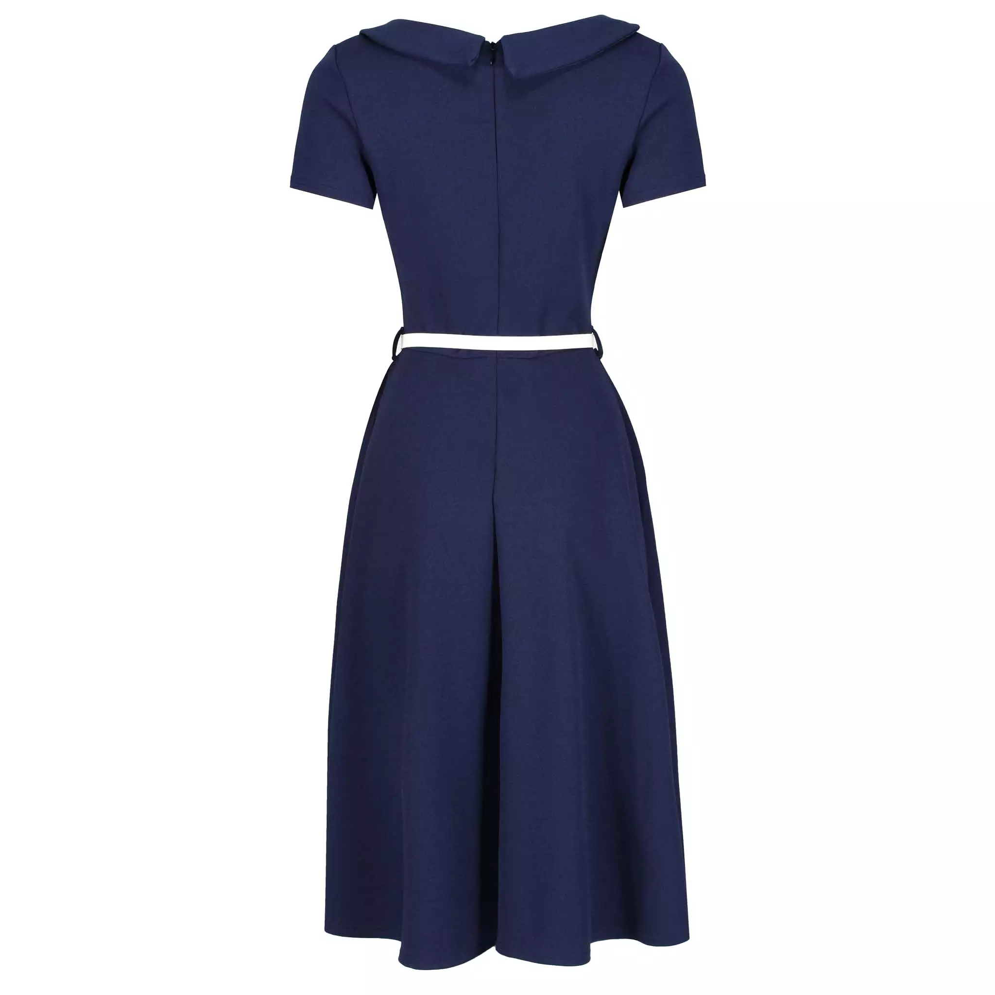 Navy Blue White Tie Short Sleeve Vintage Swing Dress