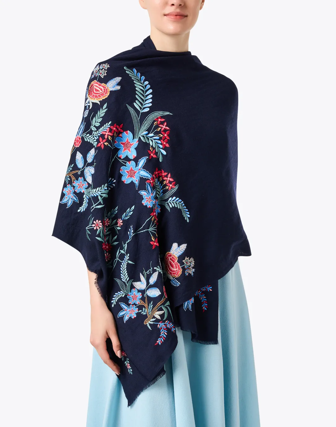 Navy Floral Embroidered Wool Scarf