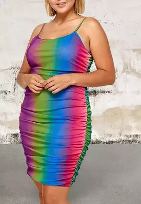 Plus size rainbow print spaghetti strap dress