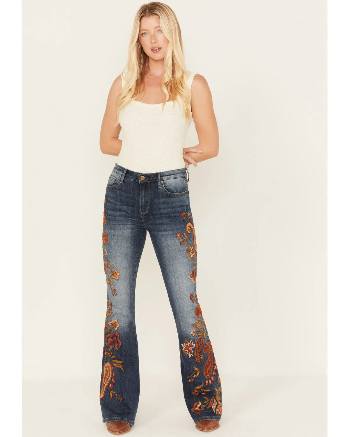 Product Name:  Driftwood Women's Medium Wash Autumn Paisley Print Farrah Flare Jeans