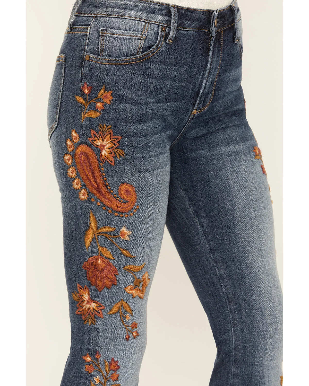 Product Name:  Driftwood Women's Medium Wash Autumn Paisley Print Farrah Flare Jeans