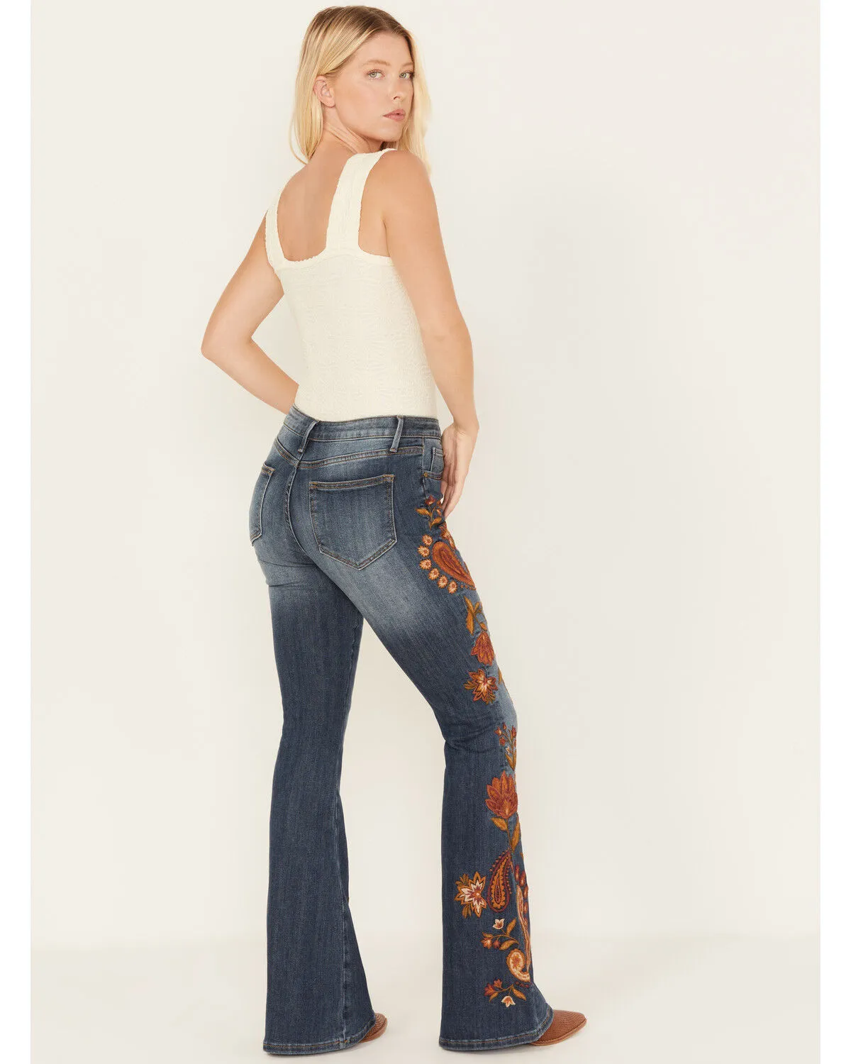 Product Name:  Driftwood Women's Medium Wash Autumn Paisley Print Farrah Flare Jeans