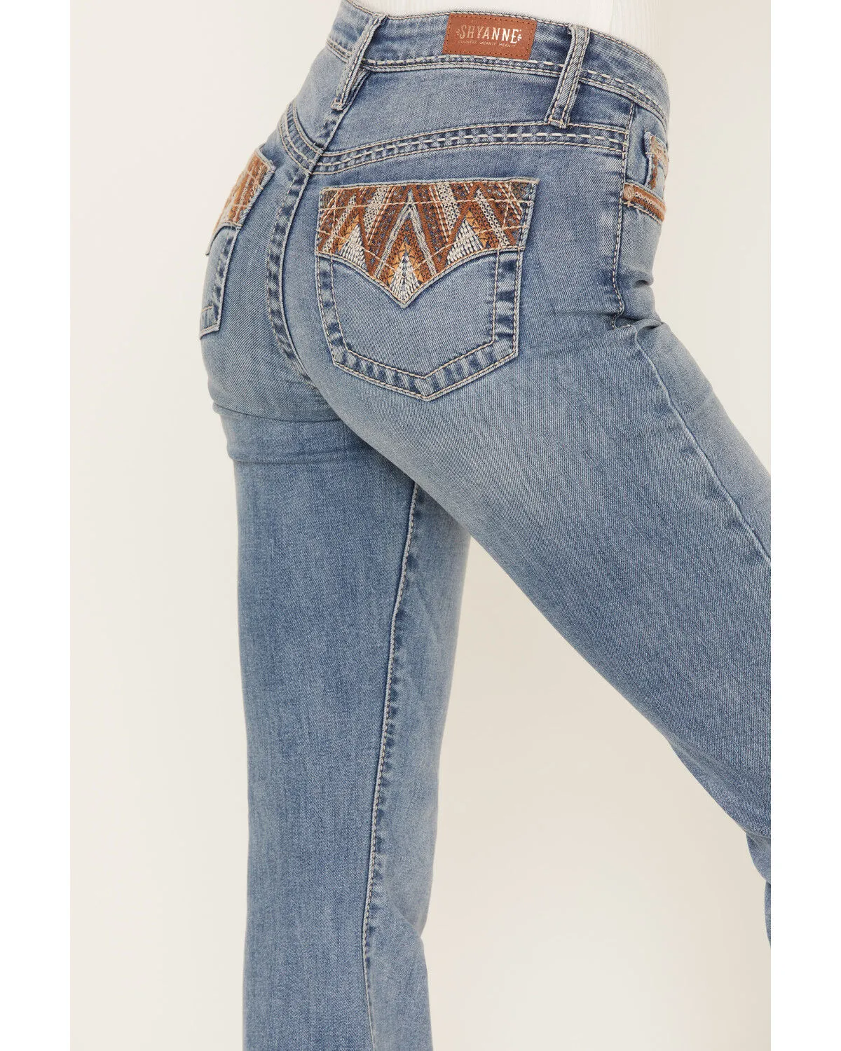 Product Name:  Shyanne Women's Chevron Embroidered Light Wash Mid Rise Flare Jeans