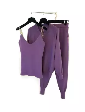 Purple Ribbed Knit Chain Camisole Cardigan Pants Three Piece Set