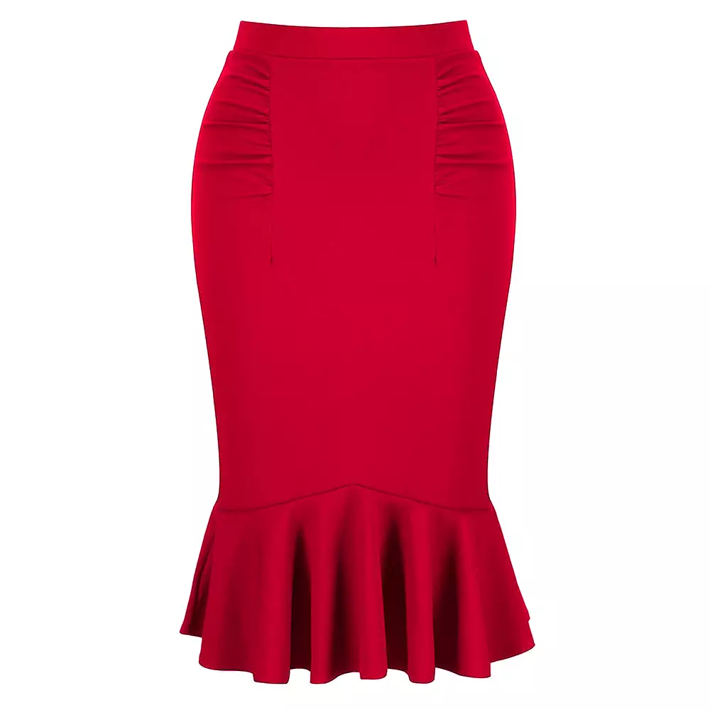 Red Peplum Fishtail Stretch Pencil Bodycon Skirt