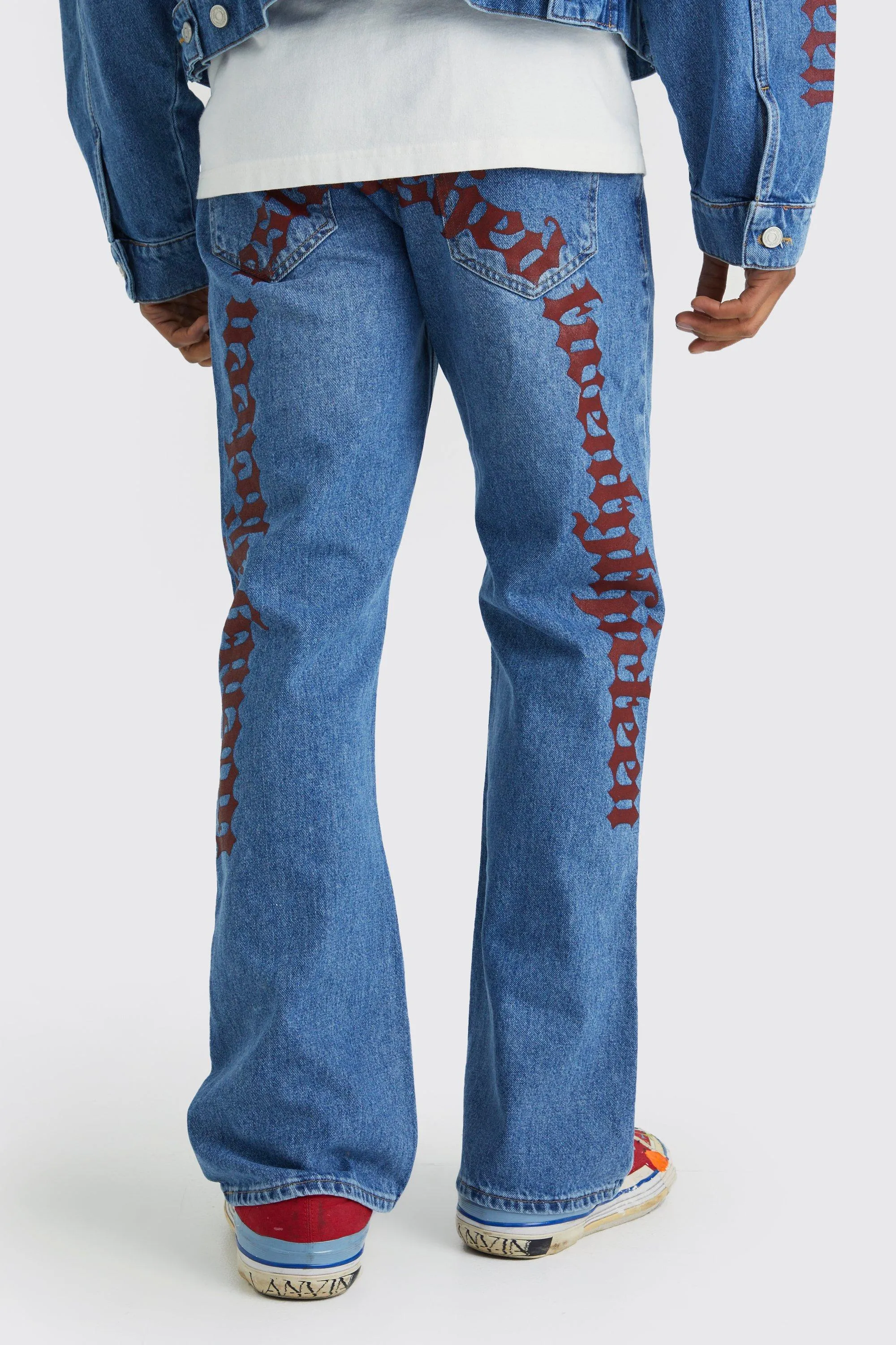 Relaxed Flare Rigid Graphic Waistband Jeans | boohooMAN UK