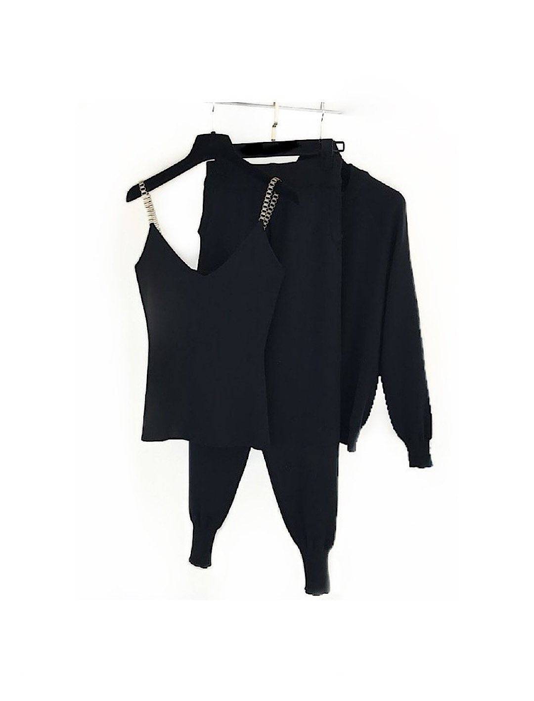 Ribbed Knit Chain Camisole Cardigan Pants Three Piece Set