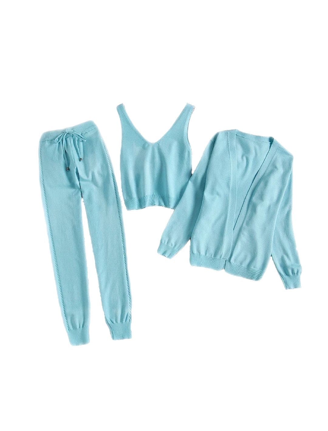 Ribbed Knit Pastel Camisole Cardigan Pants Three Piece Set