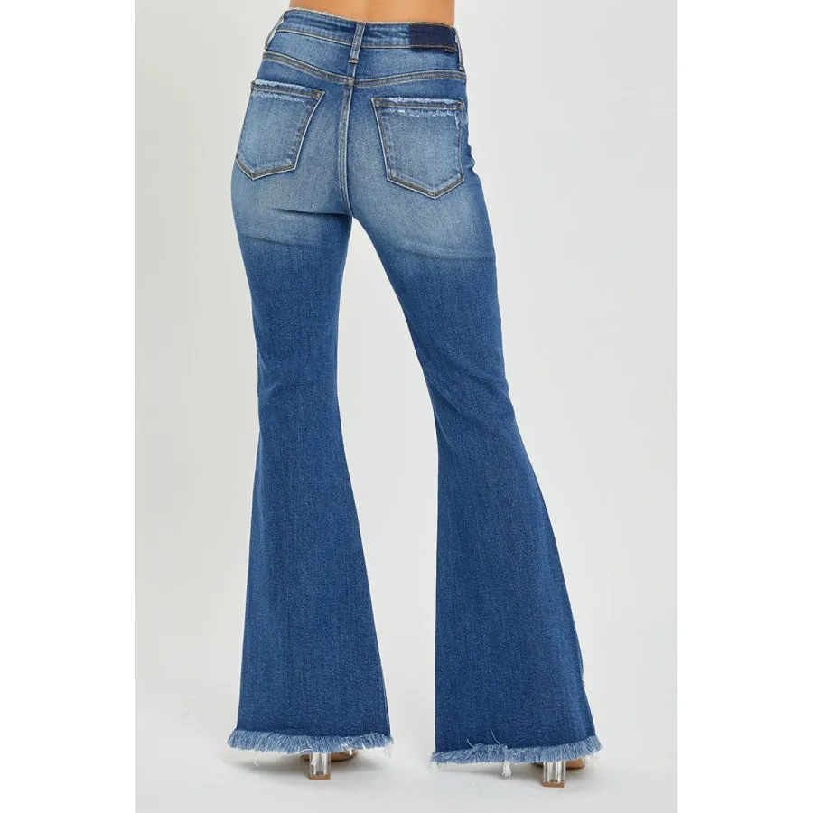 RISEN Full Size High Rise Front Slit Frayed Hem Flare Jeans