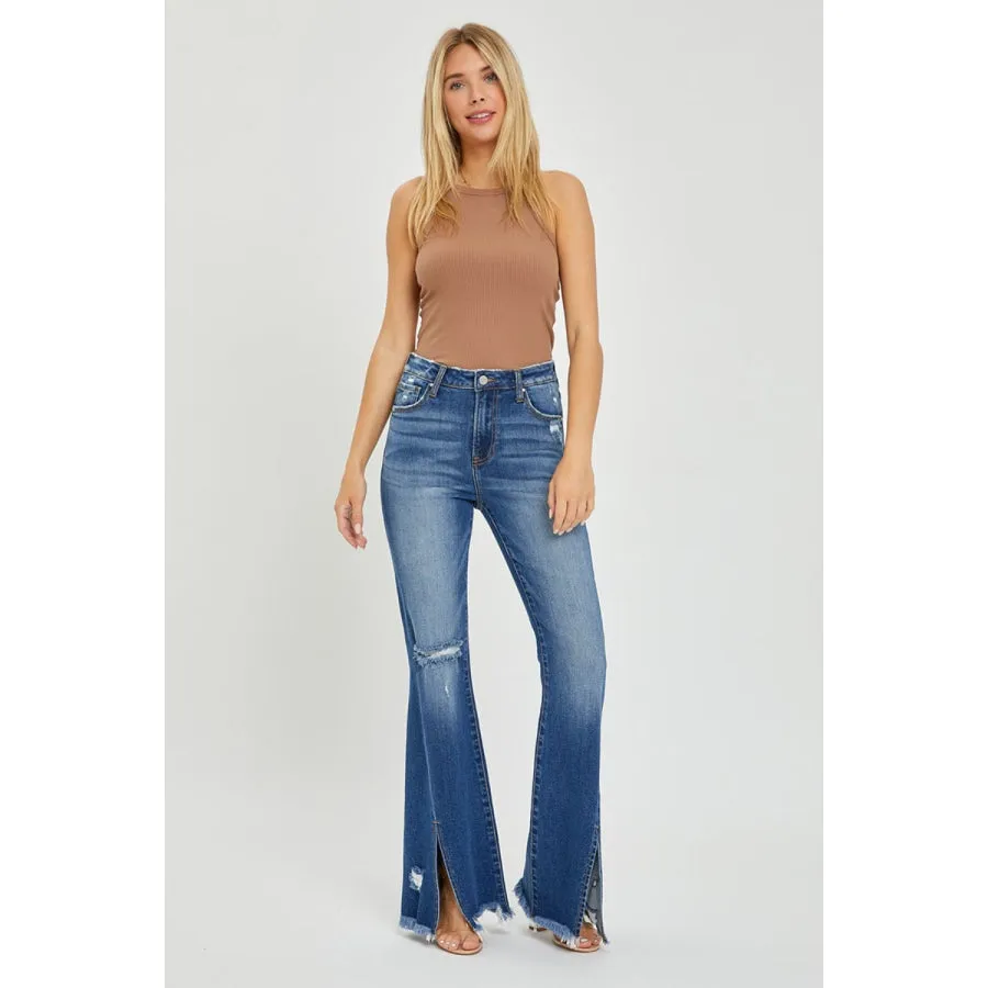 RISEN Full Size High Rise Front Slit Frayed Hem Flare Jeans