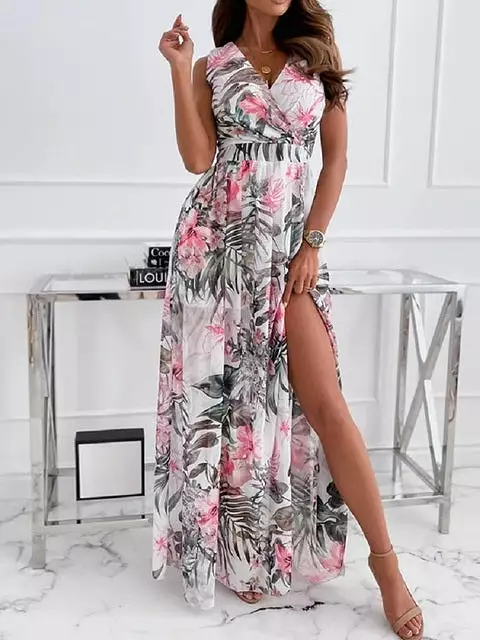 Sexy Women V-neck Floral Chiffon Dress Summer Backless Lace Up High Slit Long Dresses Sleeveless Beach Sundress Vacation Dress