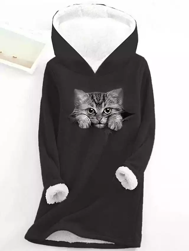 Sherpa Fleece Lined Cat and Butterfly Zip-Up Hoodie Sweatshirt