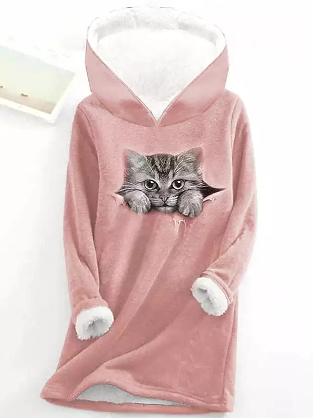 Sherpa Fleece Lined Cat and Butterfly Zip-Up Hoodie Sweatshirt