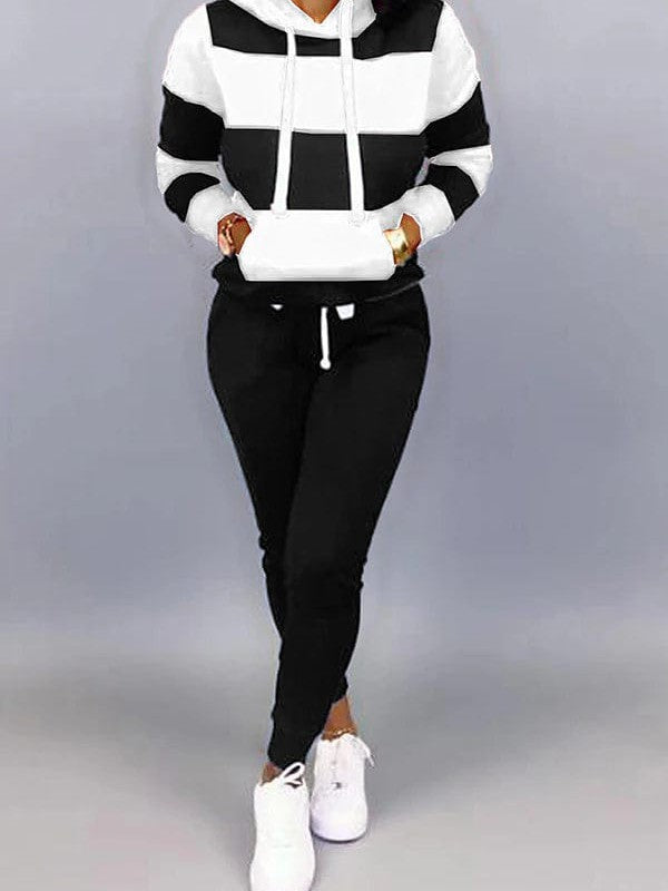 Striped 2-Piece Women's Tracksuit Set with Sweatshirt and Jogger Pants - Black Sportswear