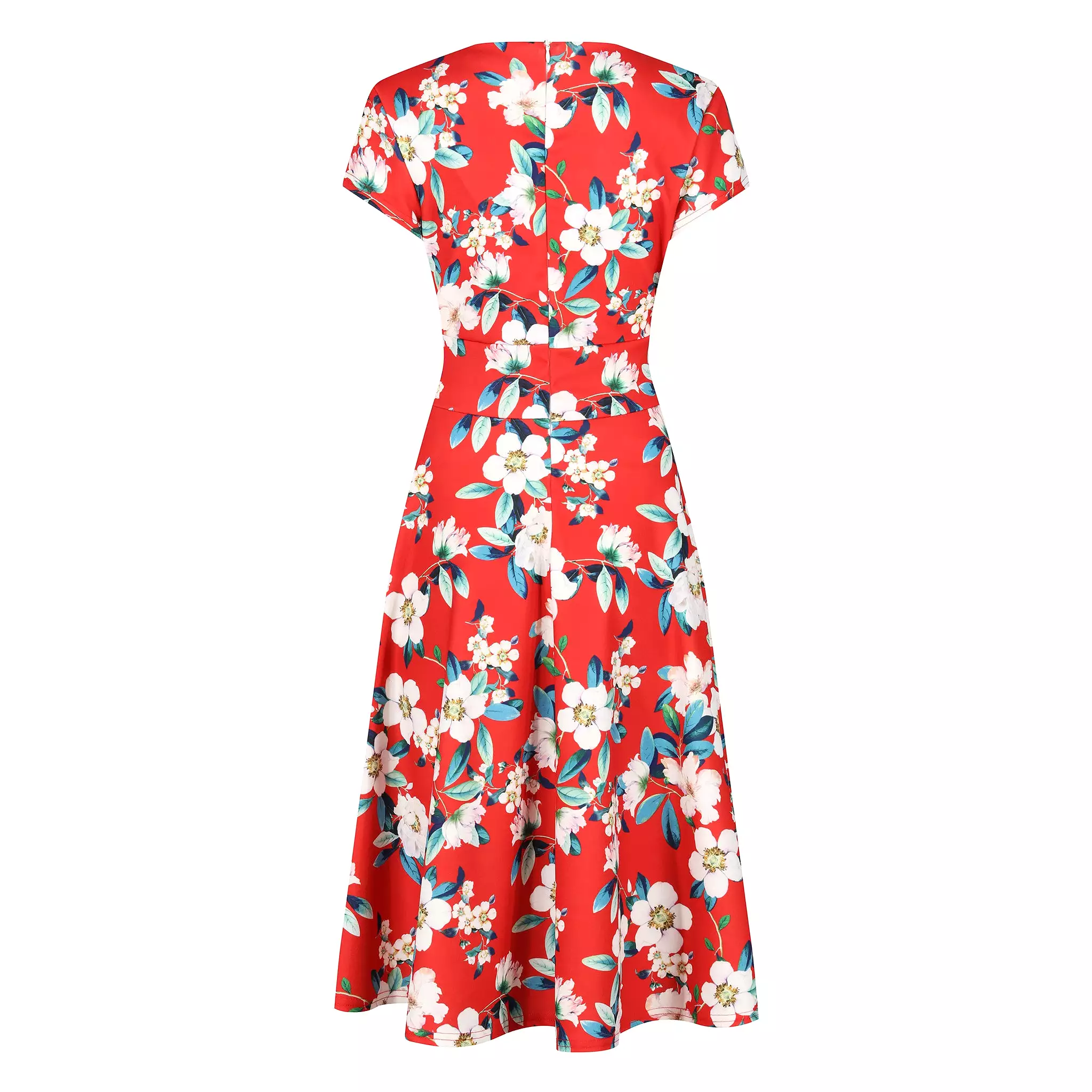 Sunset Red Floral Vintage A Line Crossover Capped Sleeve Tea Swing Dress