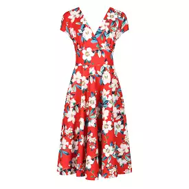 Sunset Red Floral Vintage A Line Crossover Capped Sleeve Tea Swing Dress