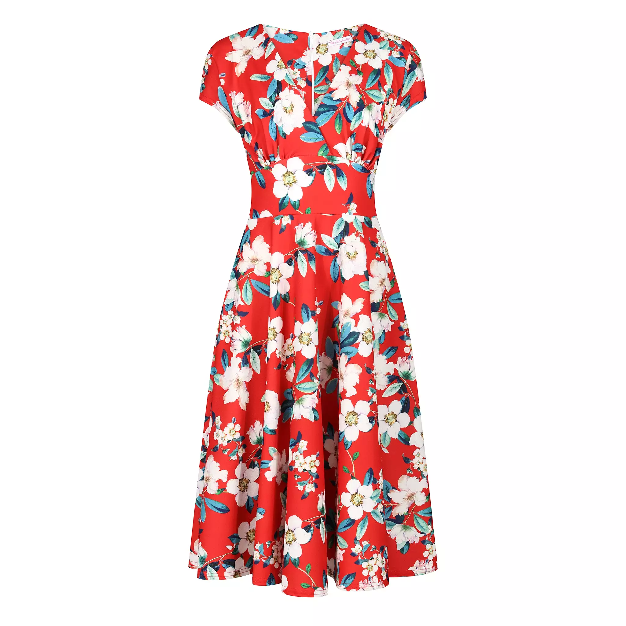 Sunset Red Floral Vintage A Line Crossover Capped Sleeve Tea Swing Dress