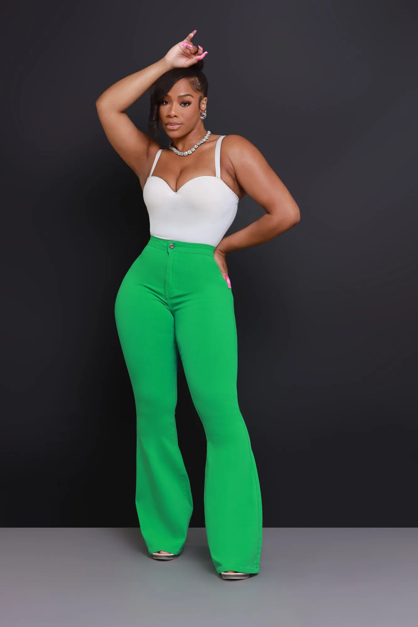 Super Swank High Rise Flare Stretchy Jeans - Kelly Green