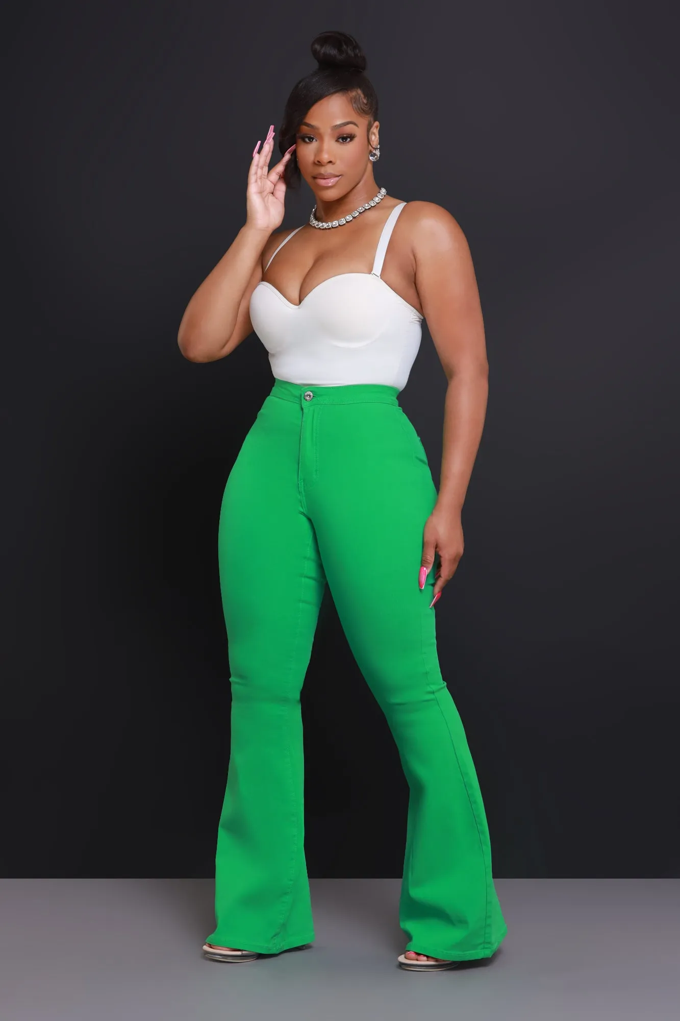 Super Swank High Rise Flare Stretchy Jeans - Kelly Green