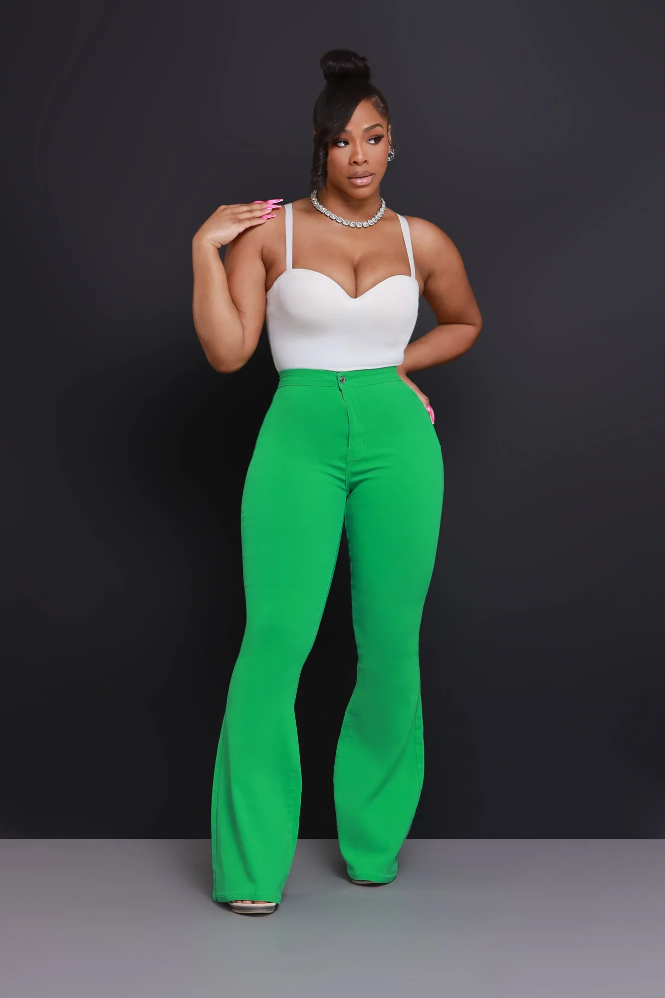 Super Swank High Rise Flare Stretchy Jeans - Kelly Green