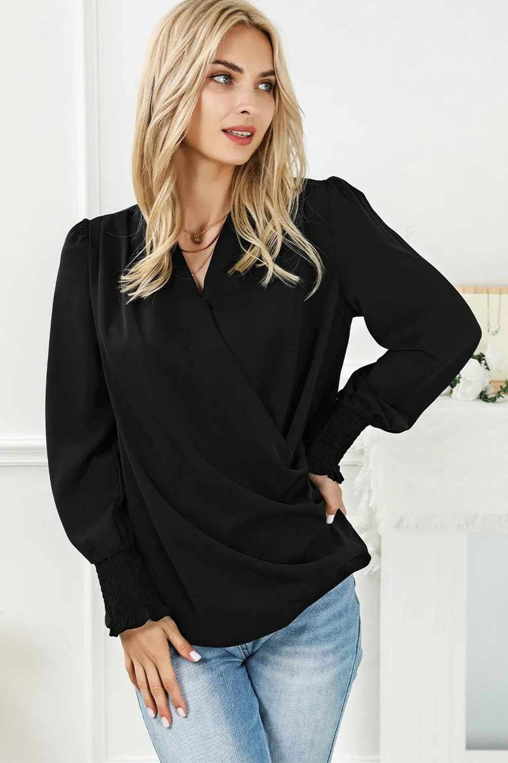 Surplice Neck Lantern Sleeve Blouse