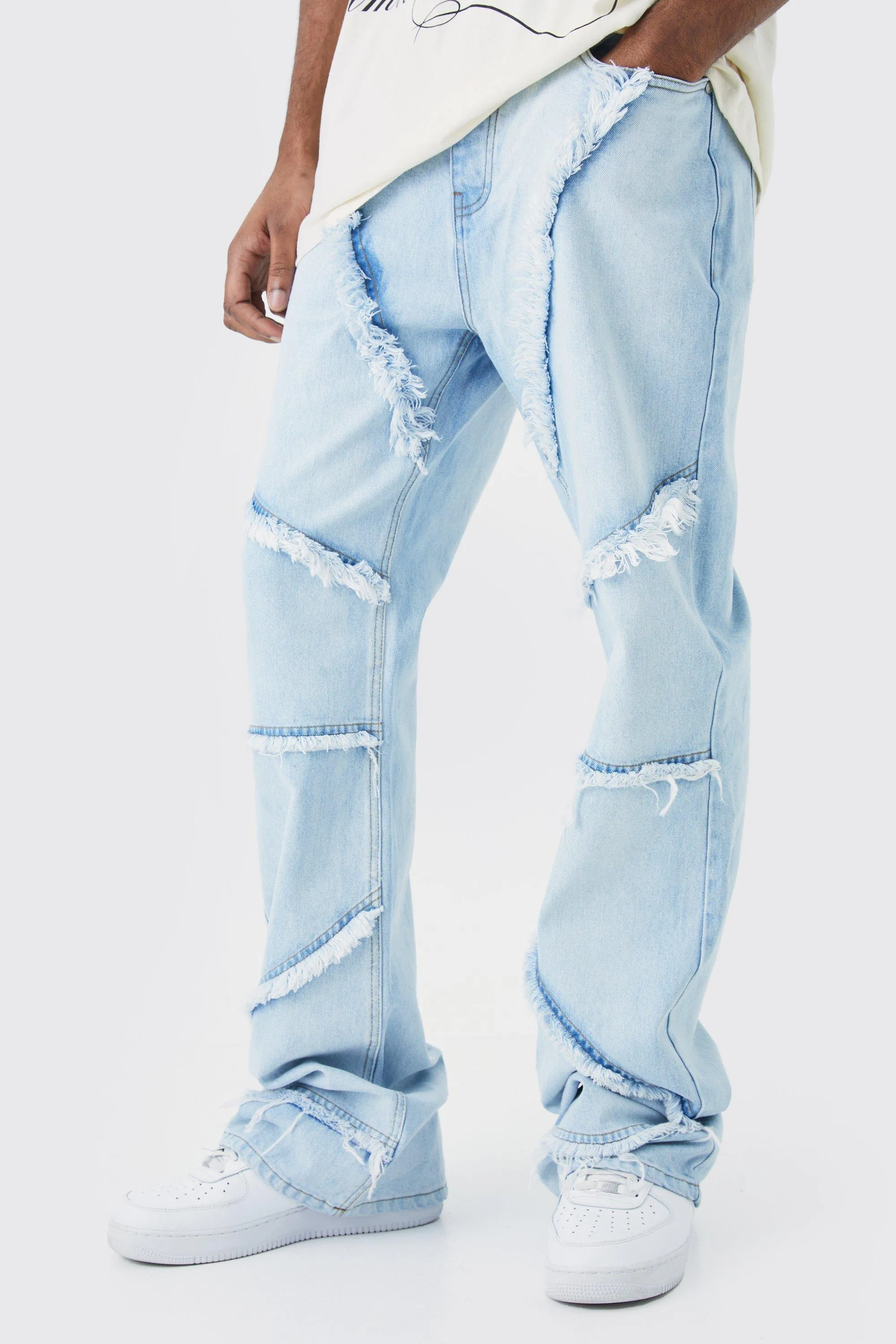 Tall Relaxed Rigid Flare Frayed Edge Jeans | boohooMAN UK