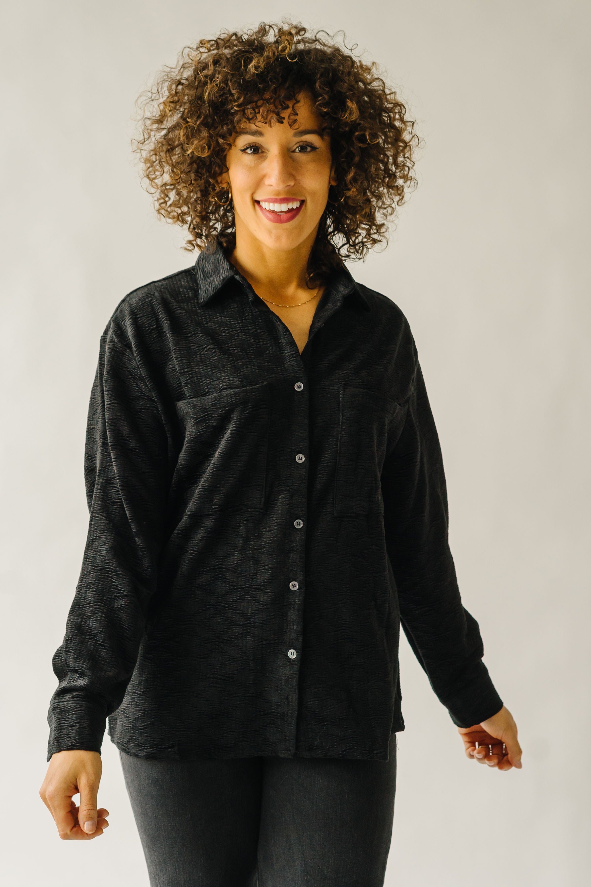 The Warrensburg Textured Button Up Blouse in Black