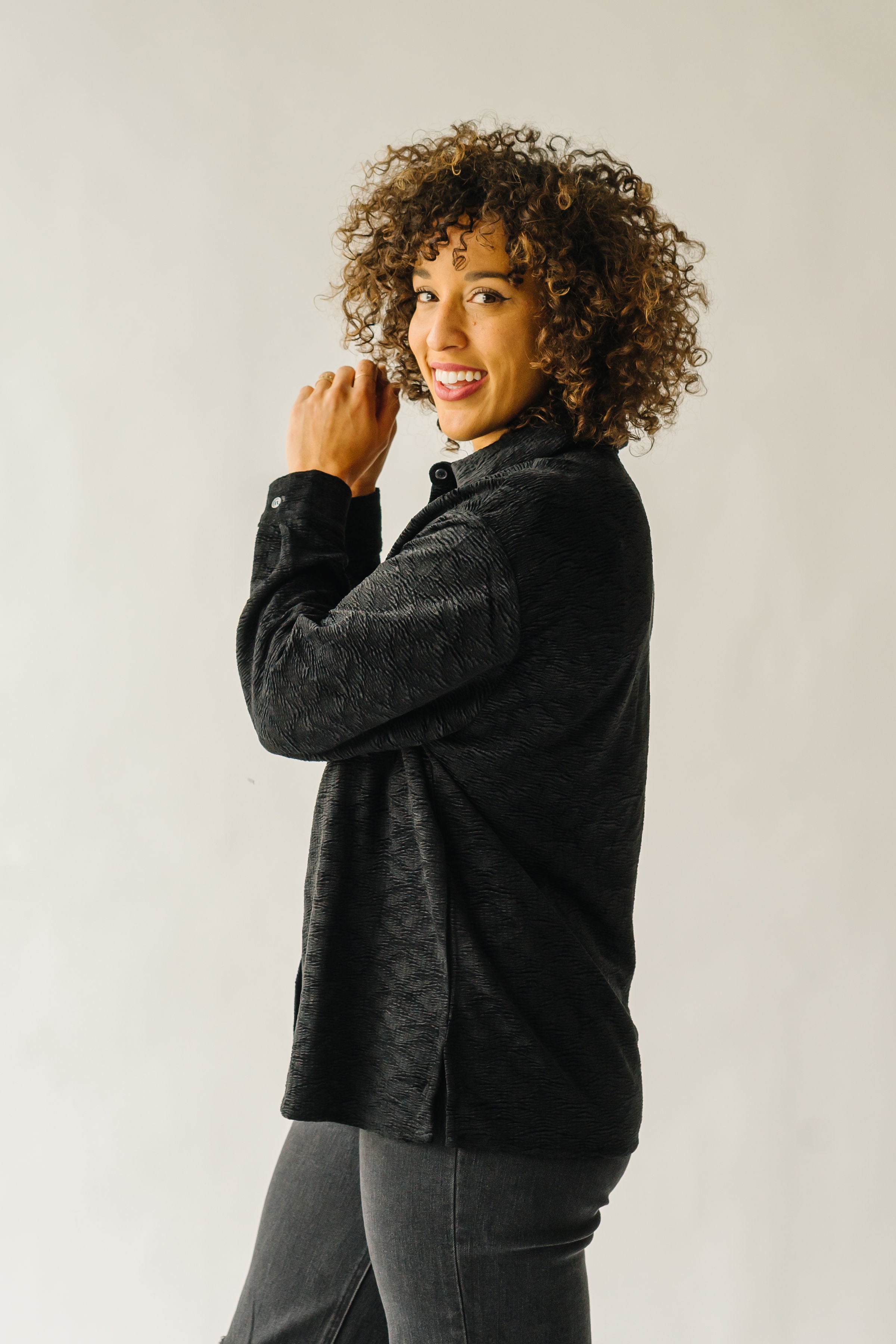 The Warrensburg Textured Button Up Blouse in Black