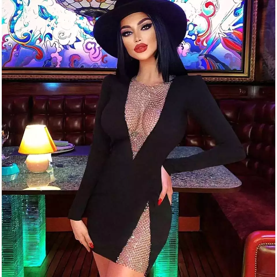 V-Neck Long Sleeve Hollow Out Sexy Mini Dress