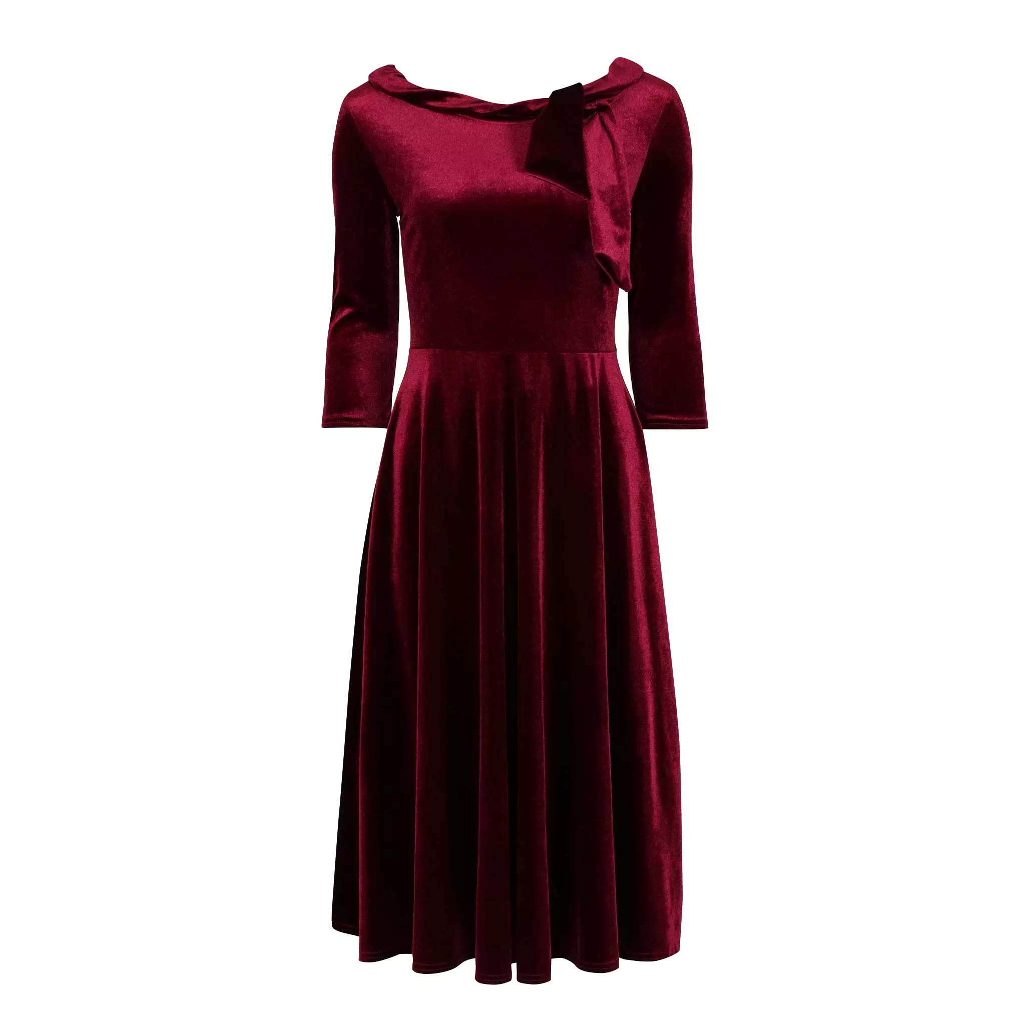 Velour Claret Red Tie 1/2 Sleeve Vintage Swing Dress