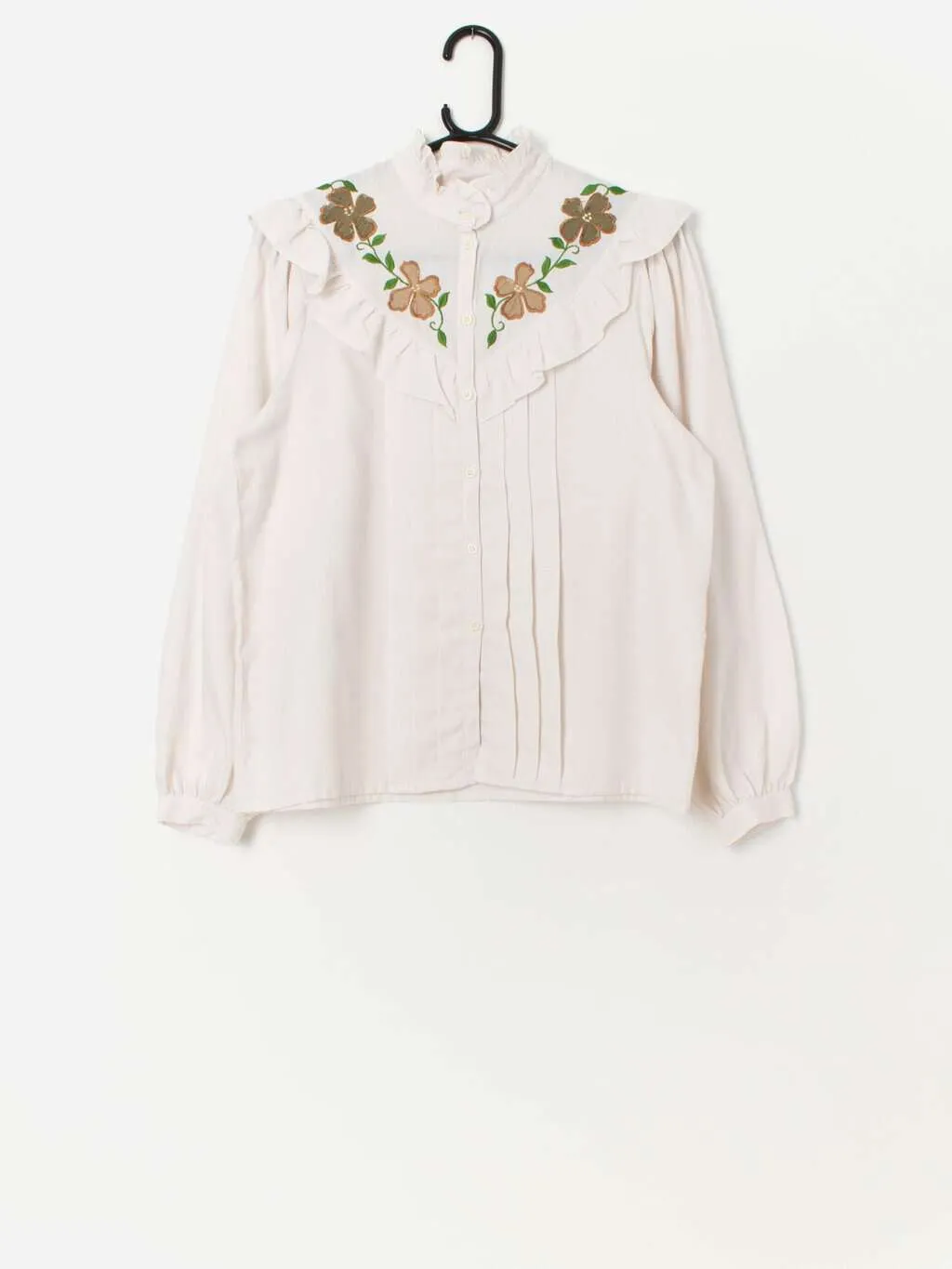 Vintage floral embroidered ruffle front blouse – Medium